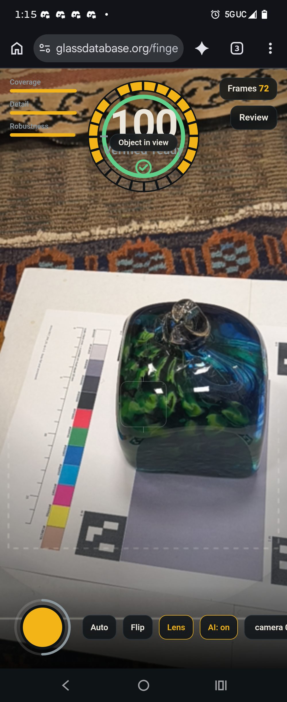 The capture app reading a blue-green glass piece on the barcode mat, coverage at 100.