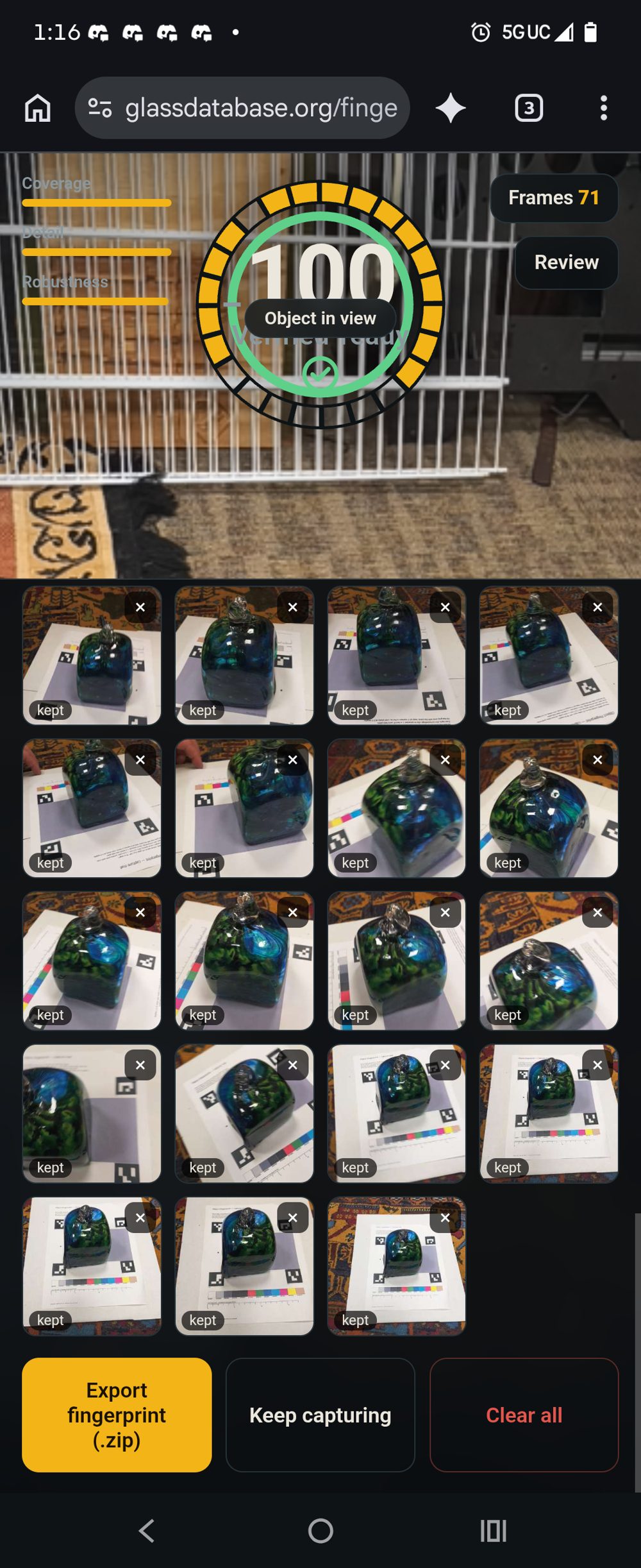 A grid of kept frames from many angles, with an Export fingerprint button.
